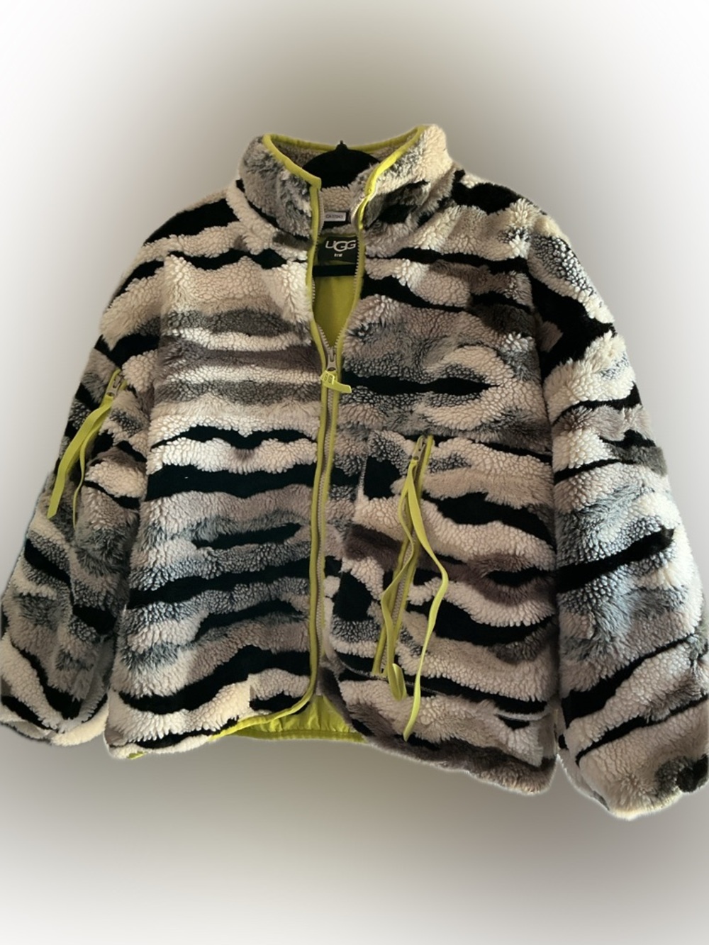 UGG Black & White Zebra Sherpa Jacket with Lime Trim